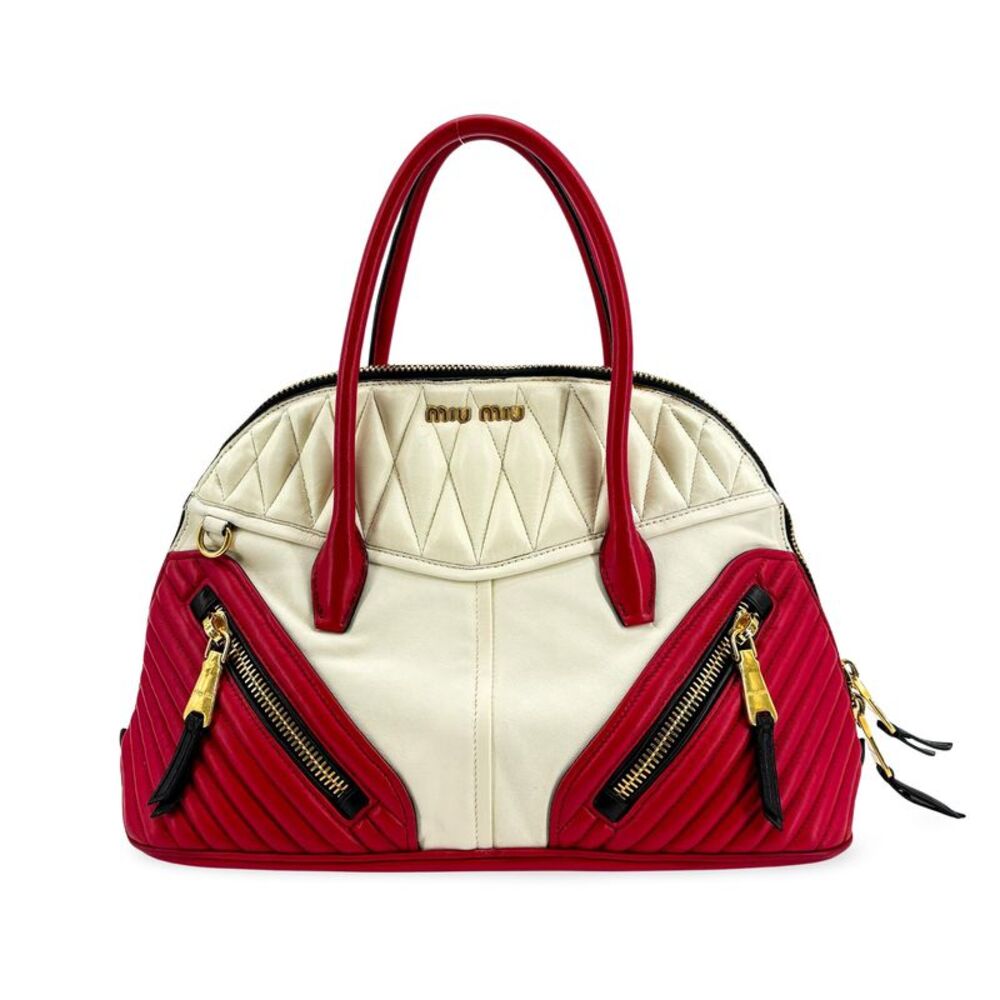 Miu Miu Biker Convertible Dome Satchel Quilted Leather Red Leather Handbag